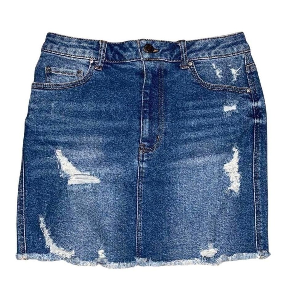 Wax Jean Los Angeles Distressed Denim Mini Skirt Medium Wash Blue Womens Size M